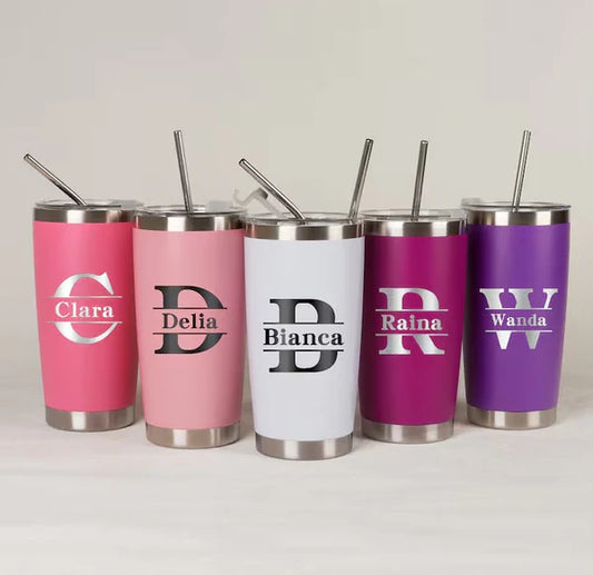 Customized 20 oz Stainless Steel Tumbler with Name, Insulated Travel Mug, Laser Engraved Bridesmaid Gift