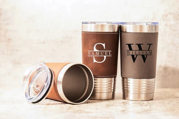 Personalized Leather Tumbler, Custom 20 Oz Travel Mug, Engraved Anniversary & Housewarming Gift for Her