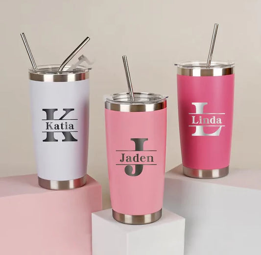 Customized 20 oz Stainless Steel Tumbler with Name, Insulated Travel Mug, Laser Engraved Bridesmaid Gift