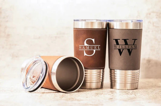 Personalized Leather Tumbler, Custom 20 Oz Travel Mug, Engraved Anniversary & Housewarming Gift for Her