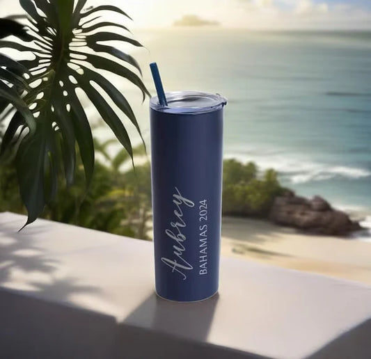 Engraved Personalized Vacation Skinny Tumbler with Straw, Girls Trip & Destination Wedding Gift