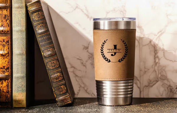 Personalized Leather Tumbler, Engraved Travel Mug, Christmas & Groomsmen Gift for Him or Her